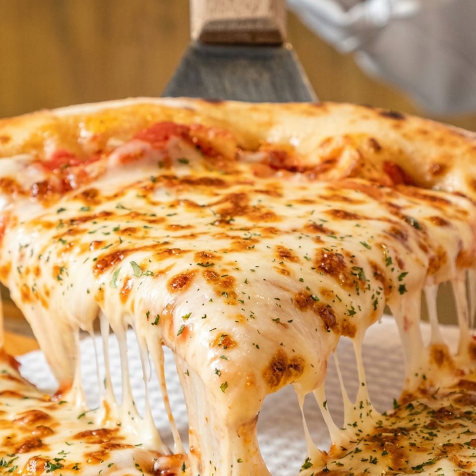 A fork lifts a cheesy pizza slice, with stretchy melted cheese and herb-topped slices visible below.