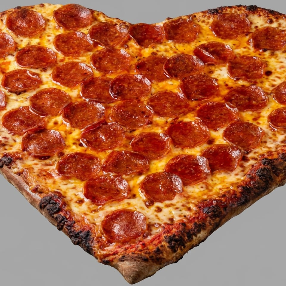 Heart-shaped pepperoni pizza with melted cheese and a charred crust against a plain gray background.