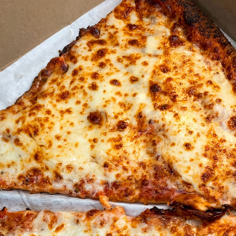 Large triangular slice of cheese pizza with a browned, crispy crust, served on parchment inside a cardboard box.