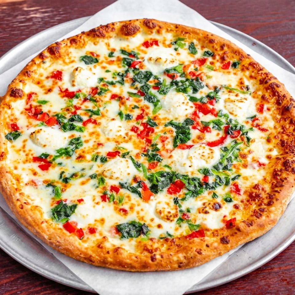 Cheesy round pizza topped with spinach and diced red peppers on parchment-lined metal plate atop a dark wooden table.