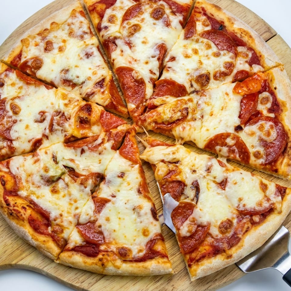 Pepperoni pizza sliced on a wooden serving board, surrounded by green and red peppers with a pizza cutter nearby.